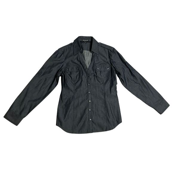Express Womens Button Down Shirt Medium Roll Tab Sleeve Blue - Picture 2 of 8